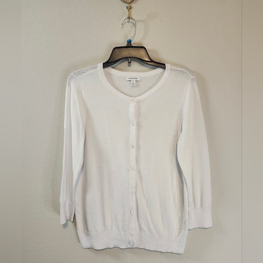 Nordstrom White Button Down Classic Cardigan Size Small Cotton Viscose Brand New - Picture 3 of 7